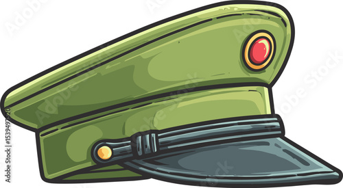 Military cap displayed with a distinct green color and a prominent visor isolated on transparent background. Vector illustration.
