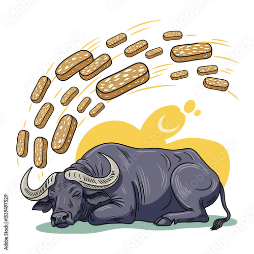 Cartoon Buffalo Dreaming of Delicious Tempeh Snacks in the Sky.
