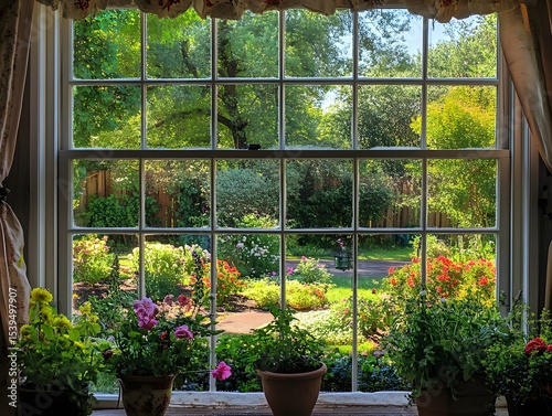 50. Home window view of a backyard garden