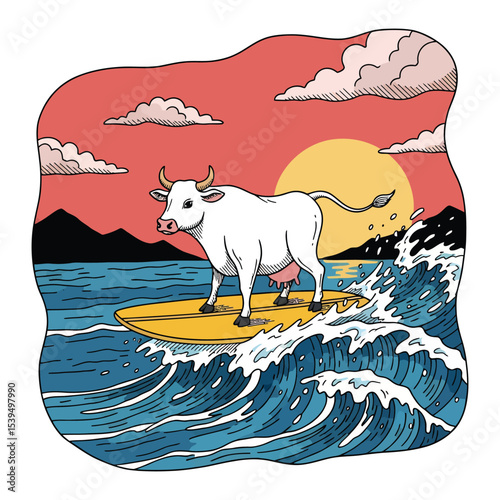 Surfing Cow Enjoying the Sunset on a Sunny Beach Day.