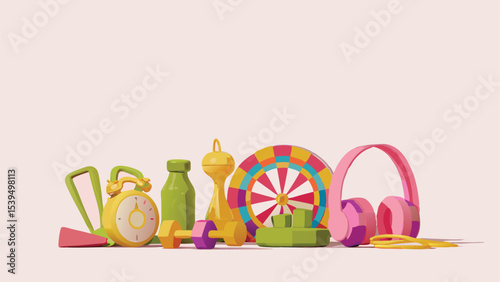 Assorted fitness equipment and accessories arranged on a light background in a colorful composition