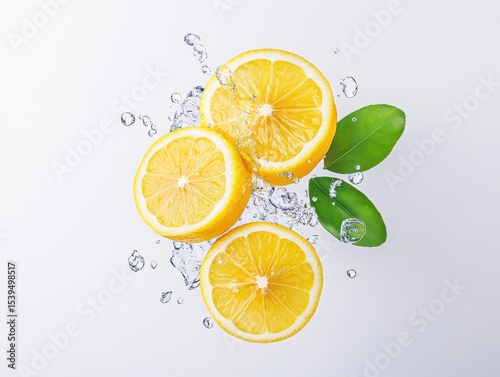 Fresh lemon slices in water splashes