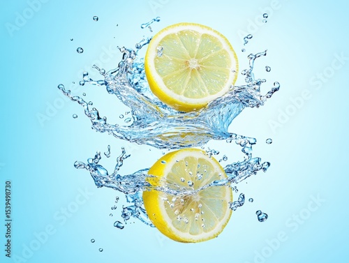 Fresh lemon slices in water splash