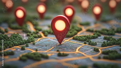 Close-up view of a detailed city map with glowing red location markers indicating multiple points of interest across an urban area filled with roads and green spaces
