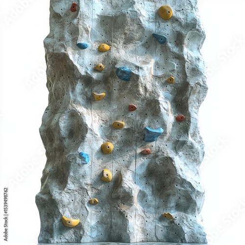 Indoor artificial rock climbing wall with various colored climbing holds and textured surface for skill practice and exercise