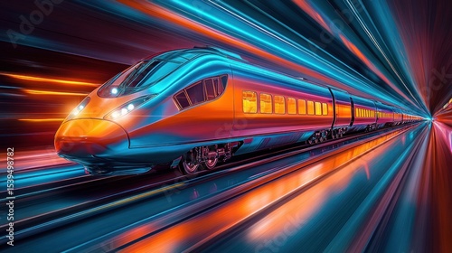 Futuristic high-speed sleek train moving at night with bright neon blue and orange light trails creating a dynamic sense of velocity and energy