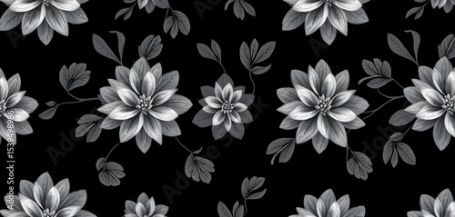 Subtle gray abstract floral pattern on black background, seamlessly repeating,  graphic,  texture