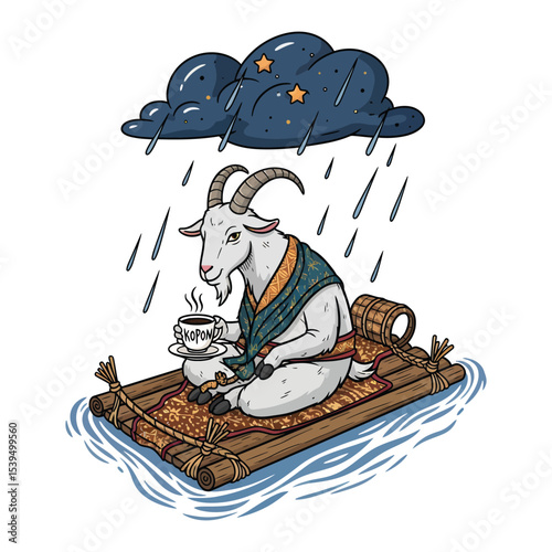 Goat on Raft Drinking Coffee in the Rain.