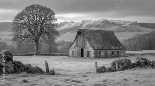 Solitary Stone Barn in Monochrome Landscape