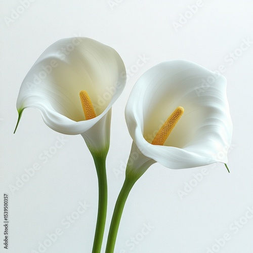 Two elegant white calla lilies with smooth petals and yellow spadices against a soft white background, evoking purity and tranquility