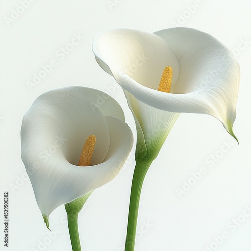Two elegant white calla lilies with yellow spadix and green stems against a soft light background, conveying purity and simplicity