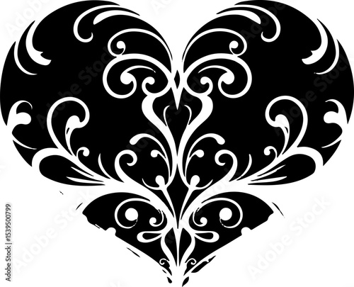 Floral Heart Vector Design, Decorative Heart Silhouette Art, Elegant Heart Frame Vector, Vintage Floral Heart Illustration, Romantic Heart Ornament Vector, Black Ornamental Heart Design, Baroque Heart
