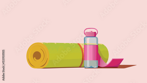 A rolled yoga mat in green and yellow with a pink water bottle on a light pink studio background