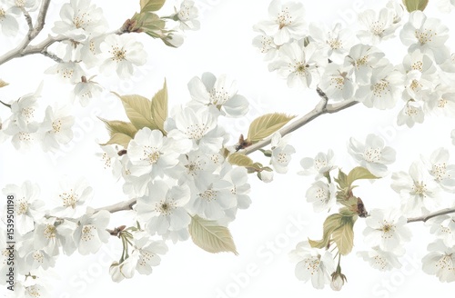 Delicate white cherry blossoms on branches