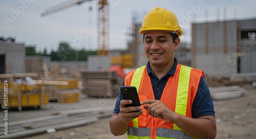 Un trabajador latino de construcción con su equipo de seguridad revisa su teléfono con una sonrisa, como si acabara de recibir una buena noticia, transmitiendo energía positiva y confianza en su día.