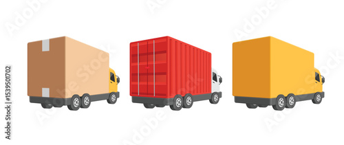 3 trucks in rear view, 3 container trucks are parked in row, brown cardboard truck, a red truck, and yellow truck, vector 3d isolated on white background for delivery, e commerce, transport concept
