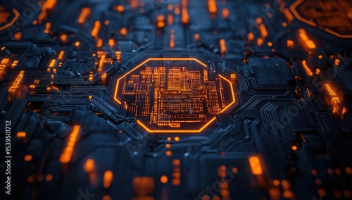 Abstract circuit board with glowing orange details