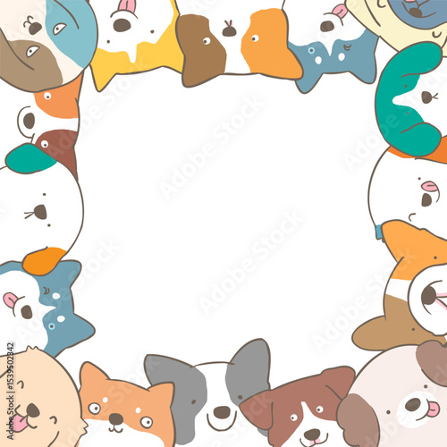 Cute Cartoon Dog Frame on White Background. Hand Drawn Vector Illustration.
