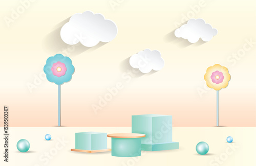 3d podium design with decorative backdrop template vector file.