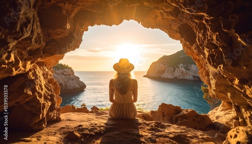 Woman in cave with sunset sea view.