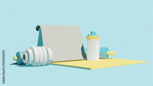 Still life of a scroll a protein shaker and a dumbbell on a yellow surface against a light blue background