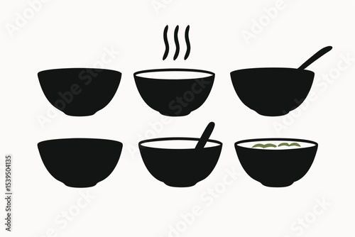 Collection of Simple Bowl Icons Empty, Half-Full, and Full Bowls with Spoons