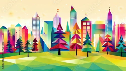 Colorful, geometric cityscape with trees
