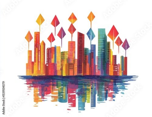 Colorful cityscape illustration with reflections and upward-pointing shapes