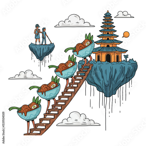 Cartoon Meatball Bowls Climbing Stairs.