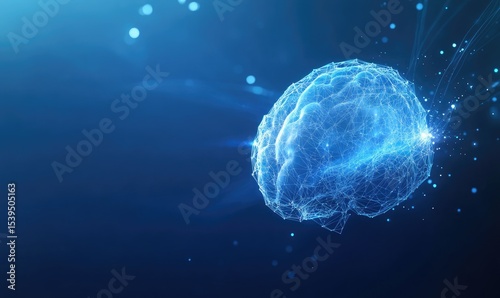 Abstract, digital representation of a brain, with glowing, interconnected lines, in a dark blue background