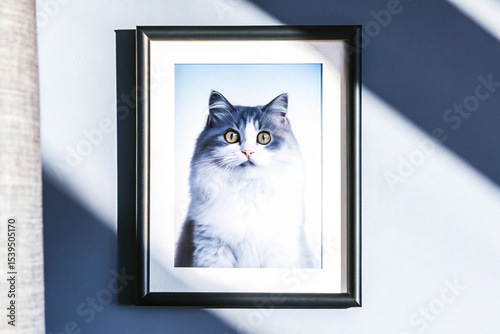 A framed portrait of a majestic long-haired gray and white cat with striking yellow eyes, hanging on a wall.
