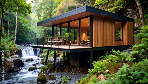 Modern Cabin Waterfall Forest Retreat.
