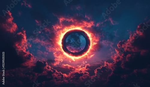 Fiery ringed moon through stormy clouds