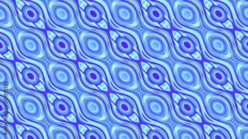 Psychedelic blue abstract pattern with fluid, wave-like forms and hypnotic ovals. Seamless design ideal for digital wallpapers, motion graphics, and textile backgrounds.