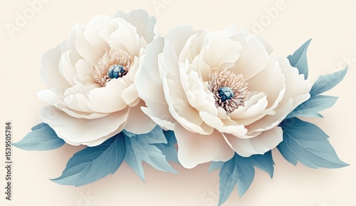 Two elegant cream peonies with teal leaves