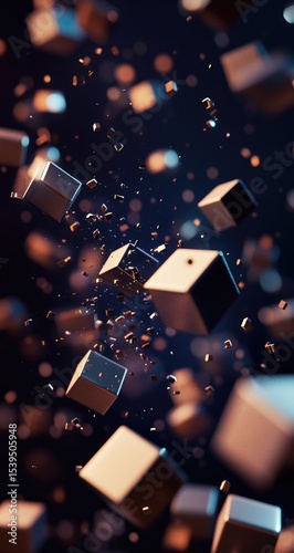 Abstract digital artwork of metallic cubes in motion