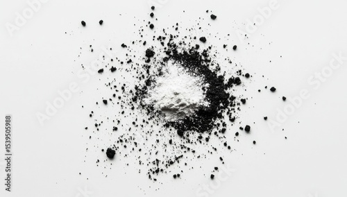 White and black powder dispersed on white background