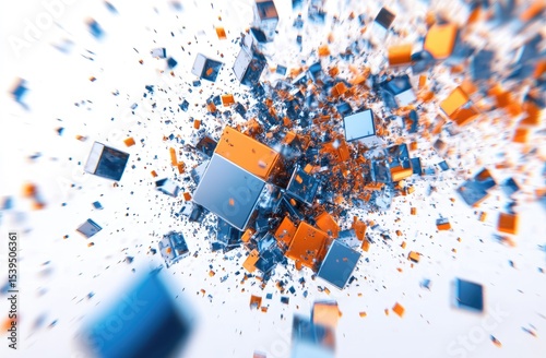 Abstract explosion of cubes in blue and orange
