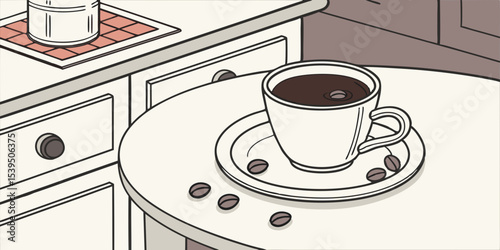 White cup of coffee on white kitchen table over blurred kitchen interior background vector illustration.