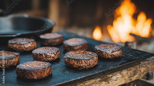 Delicious looking burgers cooking on a griddle outdoors.
