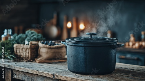 A rustic kitchen scene with a steaming pot.