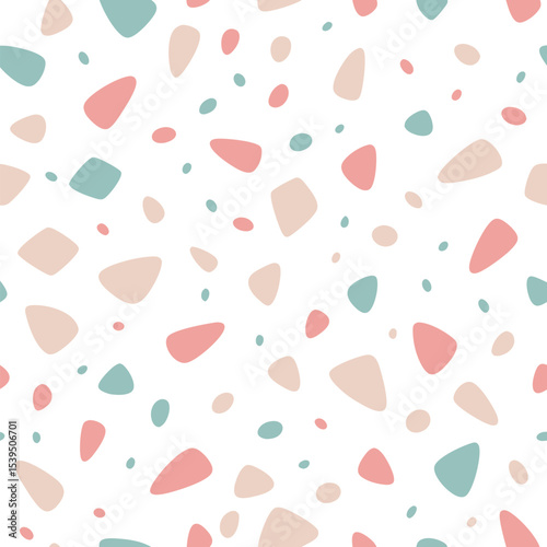 Modern pastel terrazzo pattern with soft blush pink, mint, beige, and white chips, minimalist clean background, flat vector style, seamless pattern