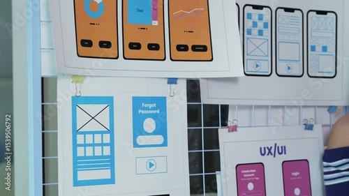 UXUI designer presenting mobile interface, walking through screen design and explaining key functionalities of application development process