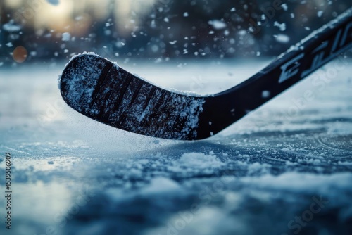 Wallpaper Mural Close-up of a hockey stick blade hitting the ice surface with snow particles flying during a cold outdoor setting Torontodigital.ca