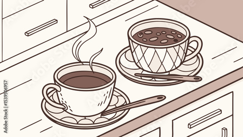 Close up view of two cups of coffee for breakfast on  white tabletop in kitchen vector illustration.