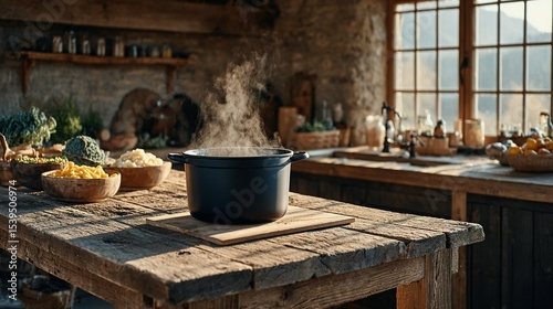 A rustic kitchen scene with a steaming pot on a wooden table.