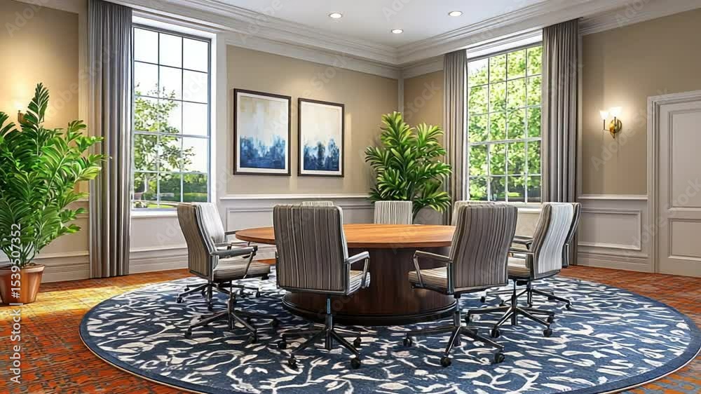A round conference table in a light-filled room with large windows, elegant drapes, and decorative plants