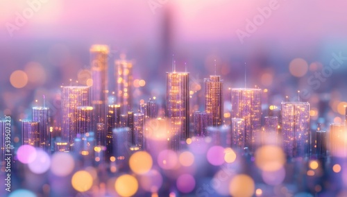 Blurred city skyline at dawn, vibrant colors, glowing lights