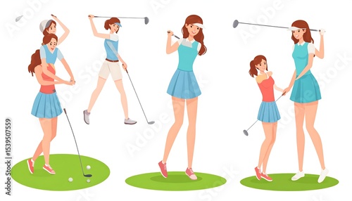 Women Golfing with Swinging, and Green.