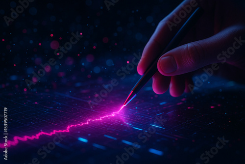 AI generated image of a human hand using a glowing digital stylus to interact with a holographic interface displaying real time graph data in a high tech analytical environment.